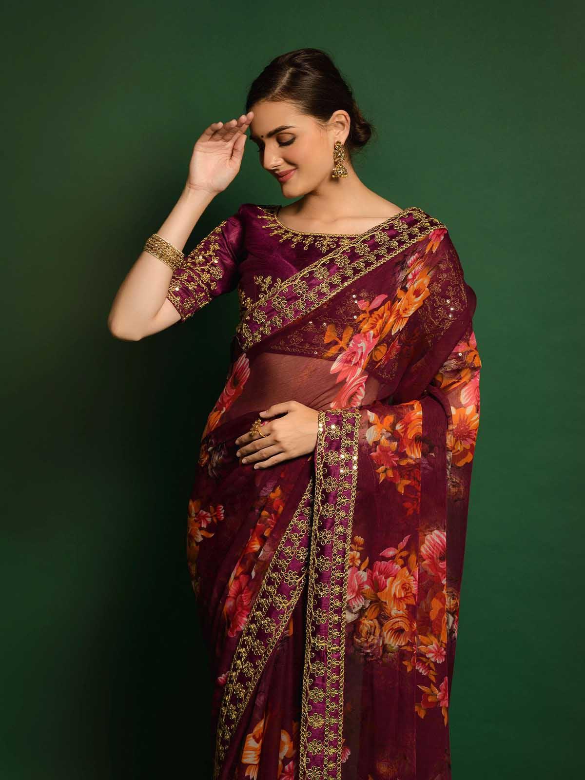 Women's Violet Georgette Embroidery Saree With Blouse - Odette