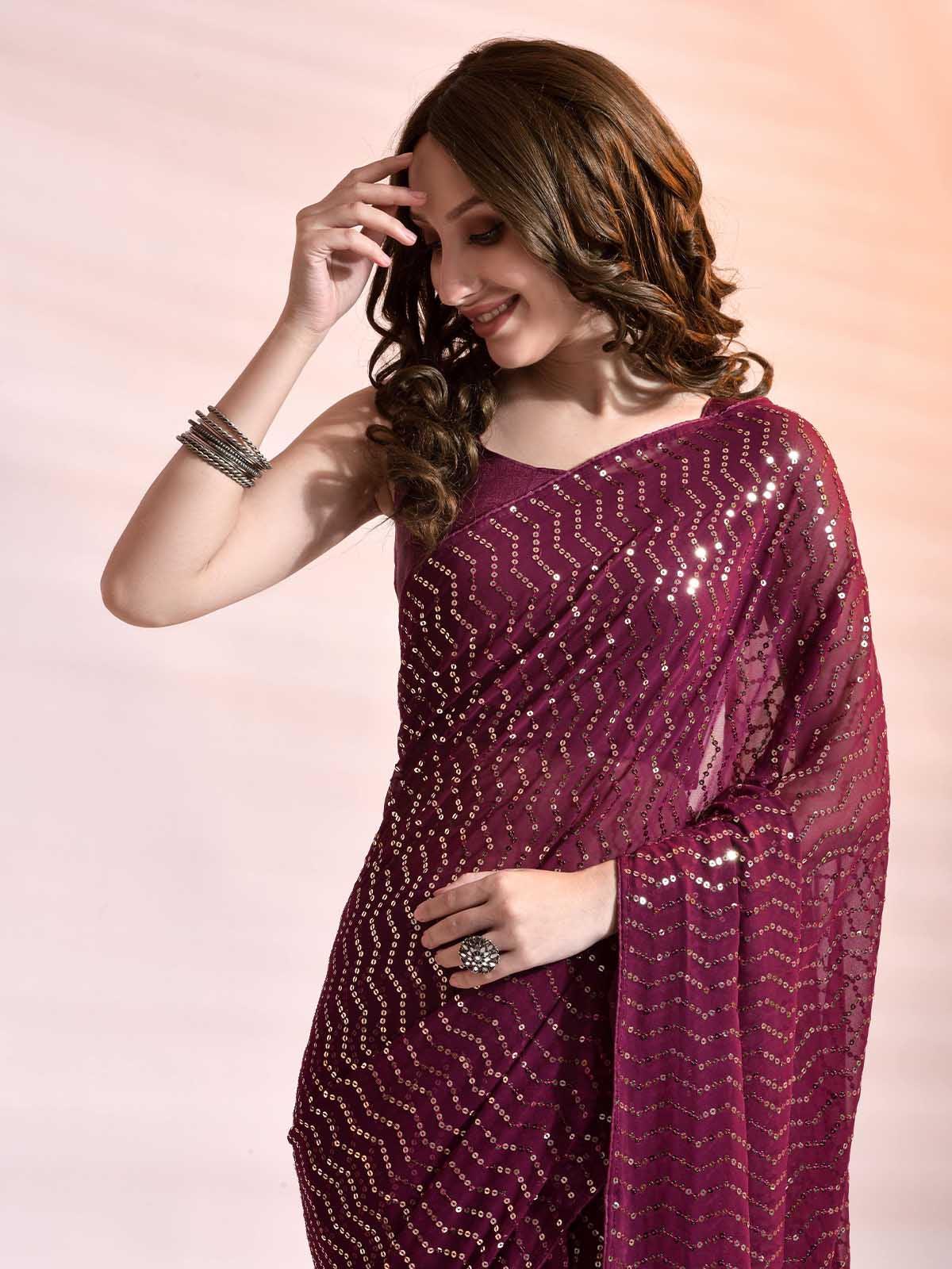 Women's Violet Georgette Sequence Saree With Blouse - Odette