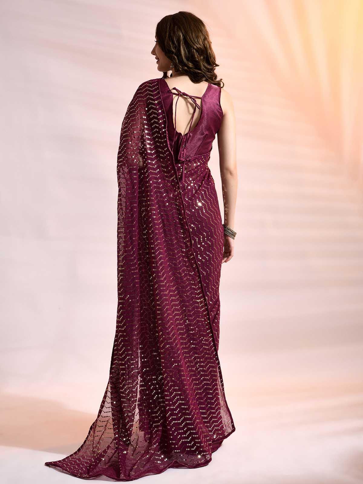 Women's Violet Georgette Sequence Saree With Blouse - Odette