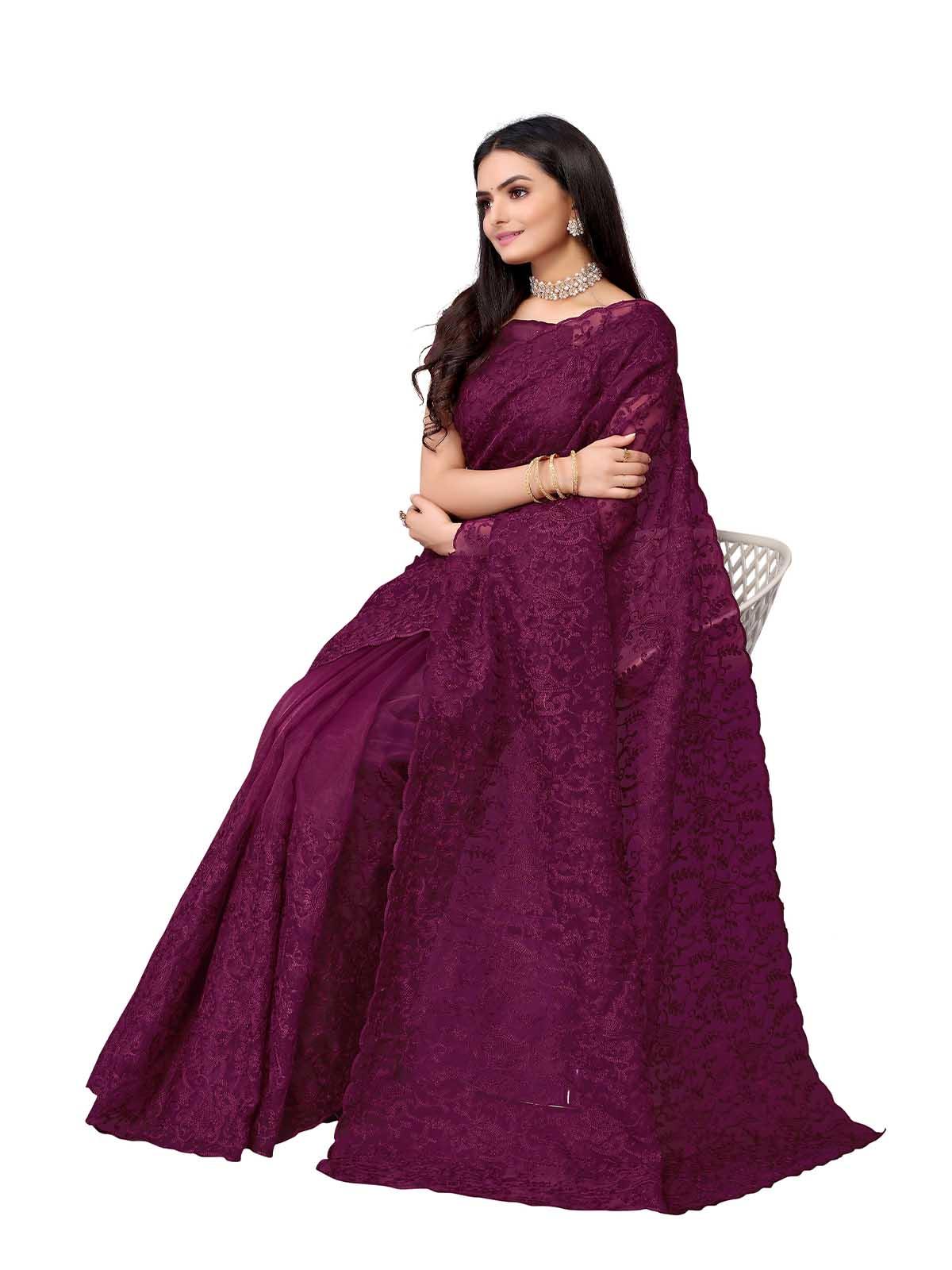 Women's Violet Organza Embroidered Saree With Blouse - Odette