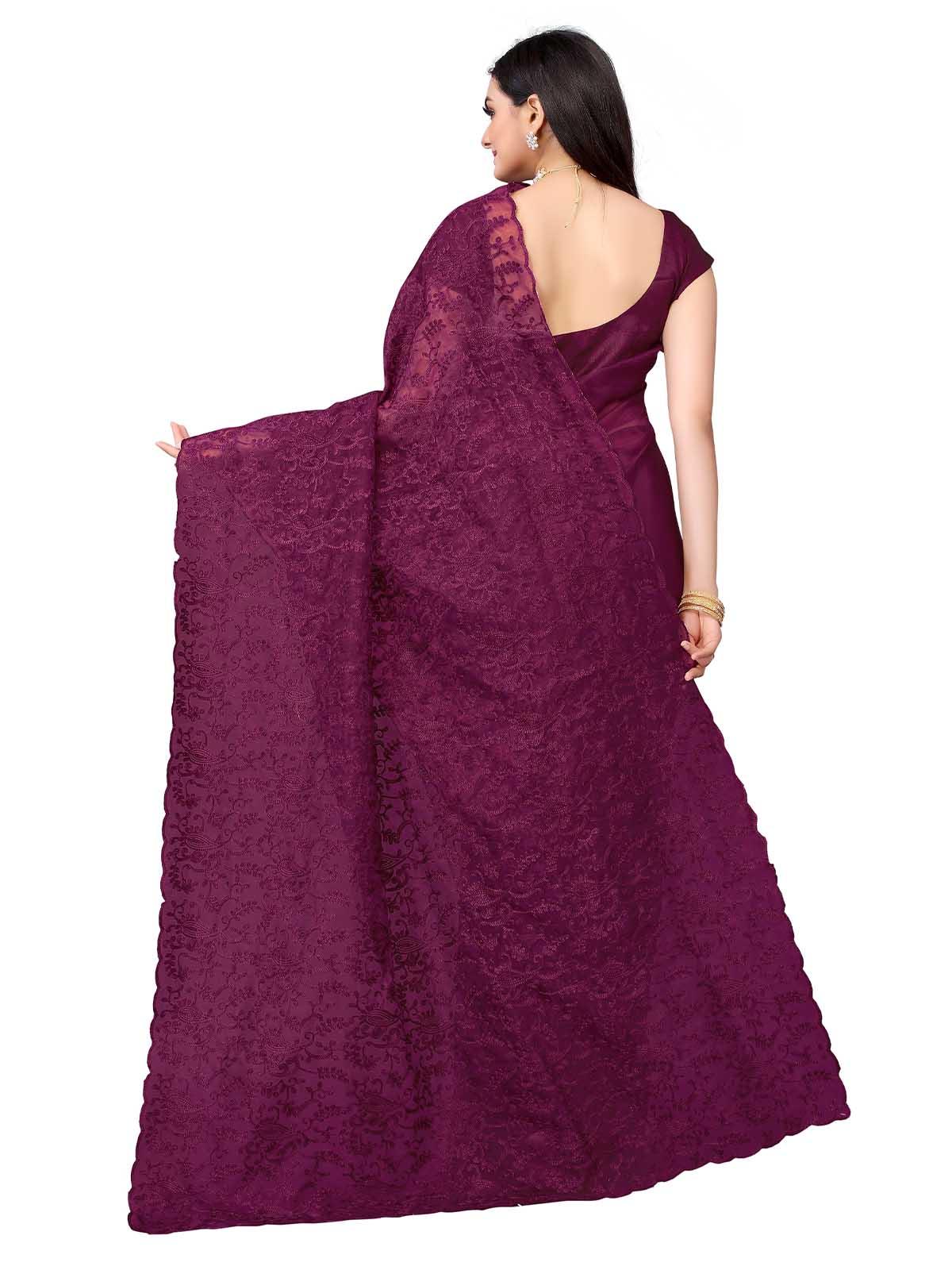 Women's Violet Organza Embroidered Saree With Blouse - Odette