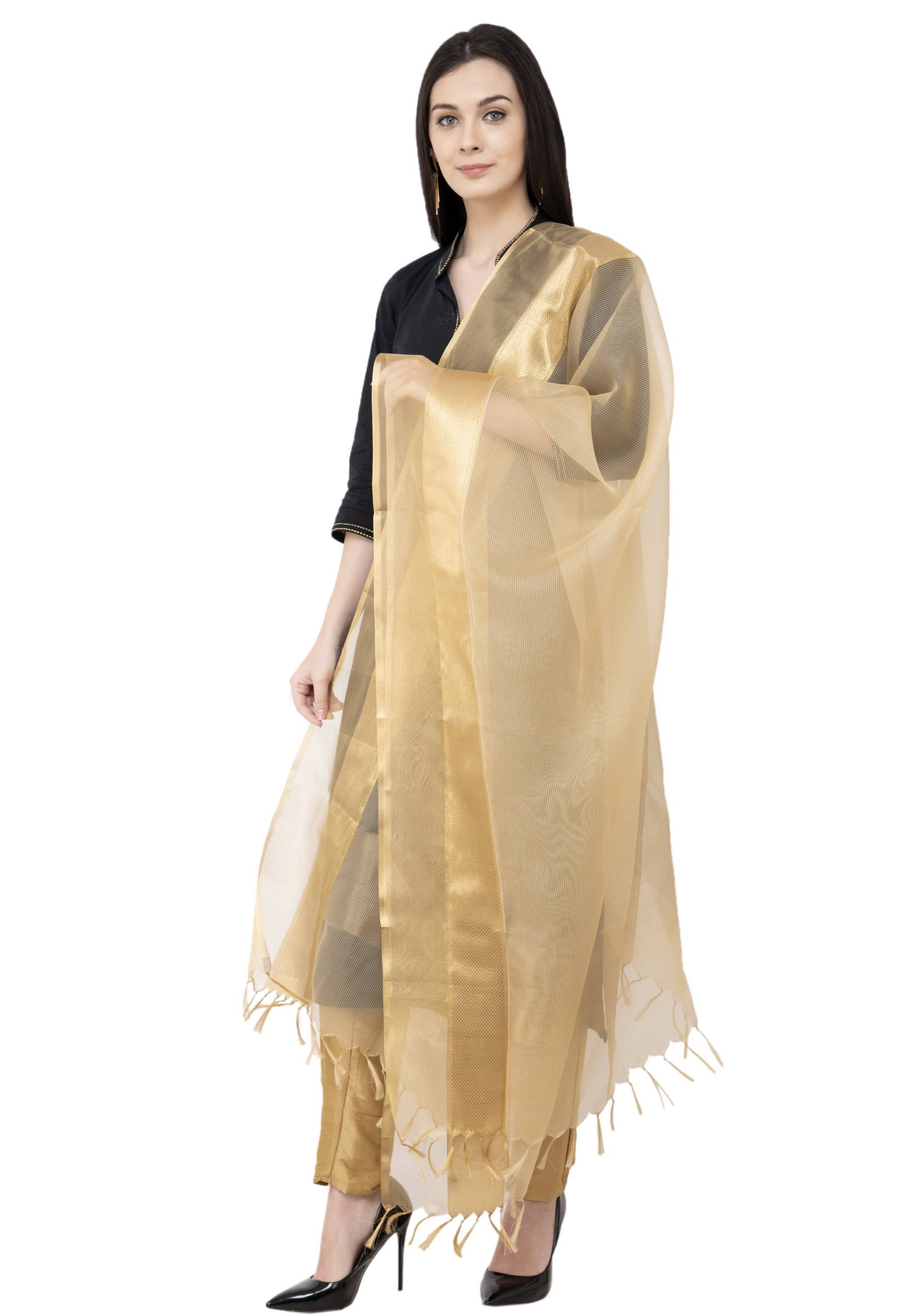 A R SILK VNS Tissue Zari Fancy Dupatta Golden Color Dupatta or Chunni