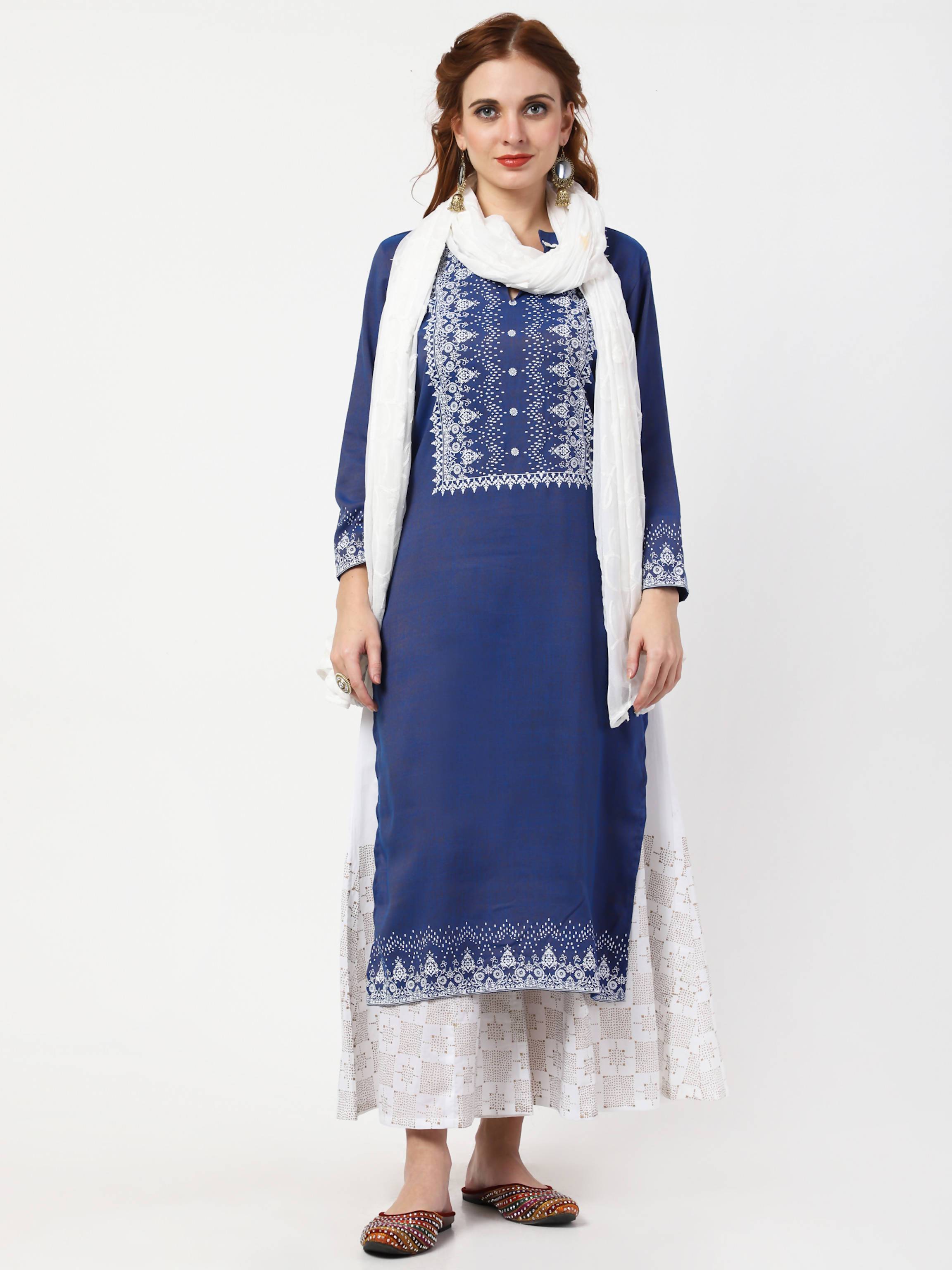 Women's Blue & White Rayon Cotton Kurta With Palazzo & Embroidered Dupatta Set - Cheera