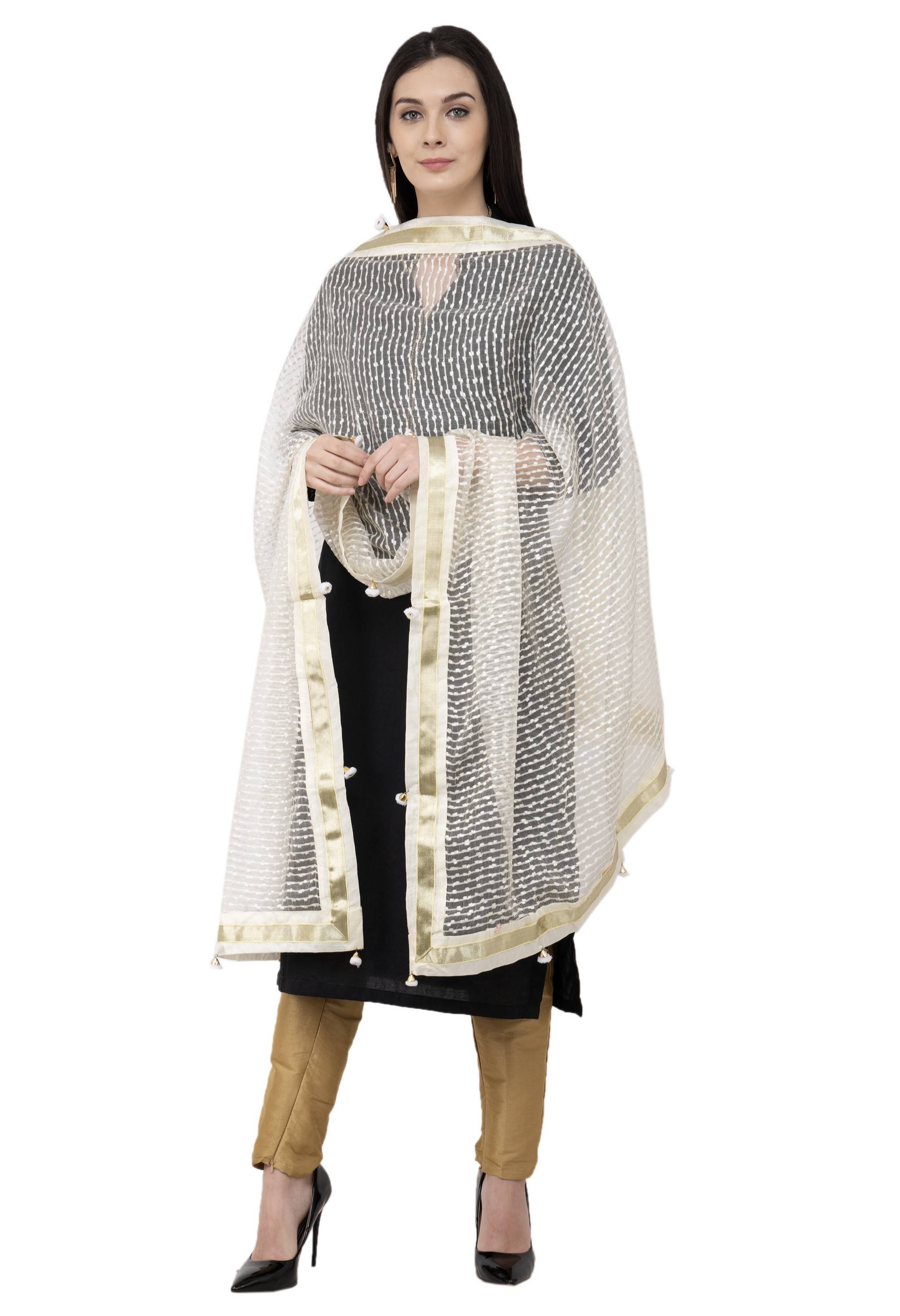 A R SILK Payal Pum Pum Fancy Dupatta Off White Color Dupatta or Chunni