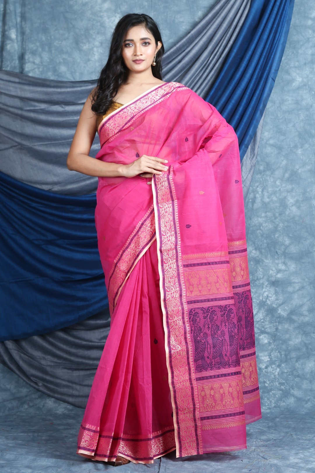 Women's Pink Handwoven Cotton Tant Saree - Arhi