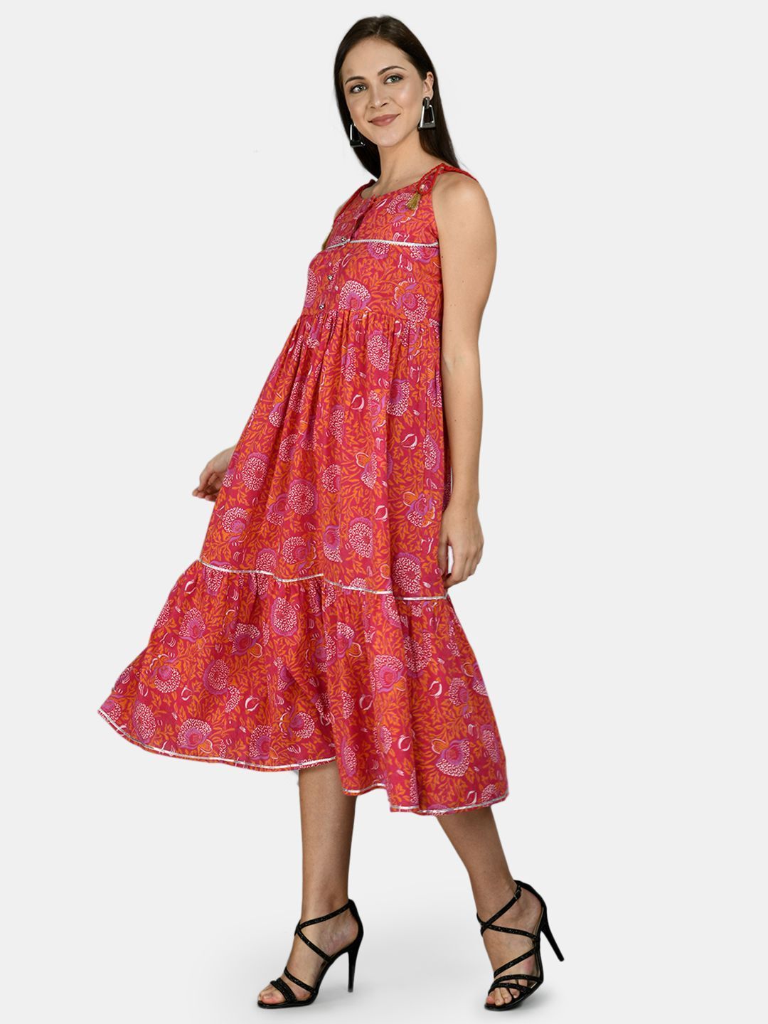 Women's Pink Cotton Printed Sleeveless Round Neck Casual Dress - Myshka