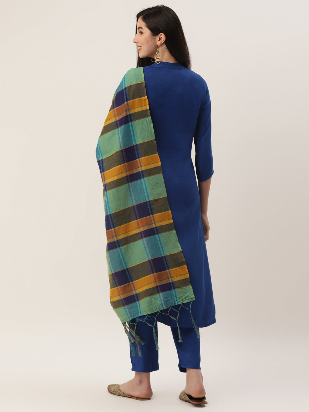 Women's Blue Rayon Blend Embroidered Straight Kurta Trouser Set With Dupatta - VAABA