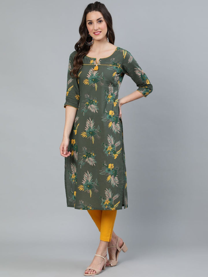 Women's Green Floral Printed Straight Kurta