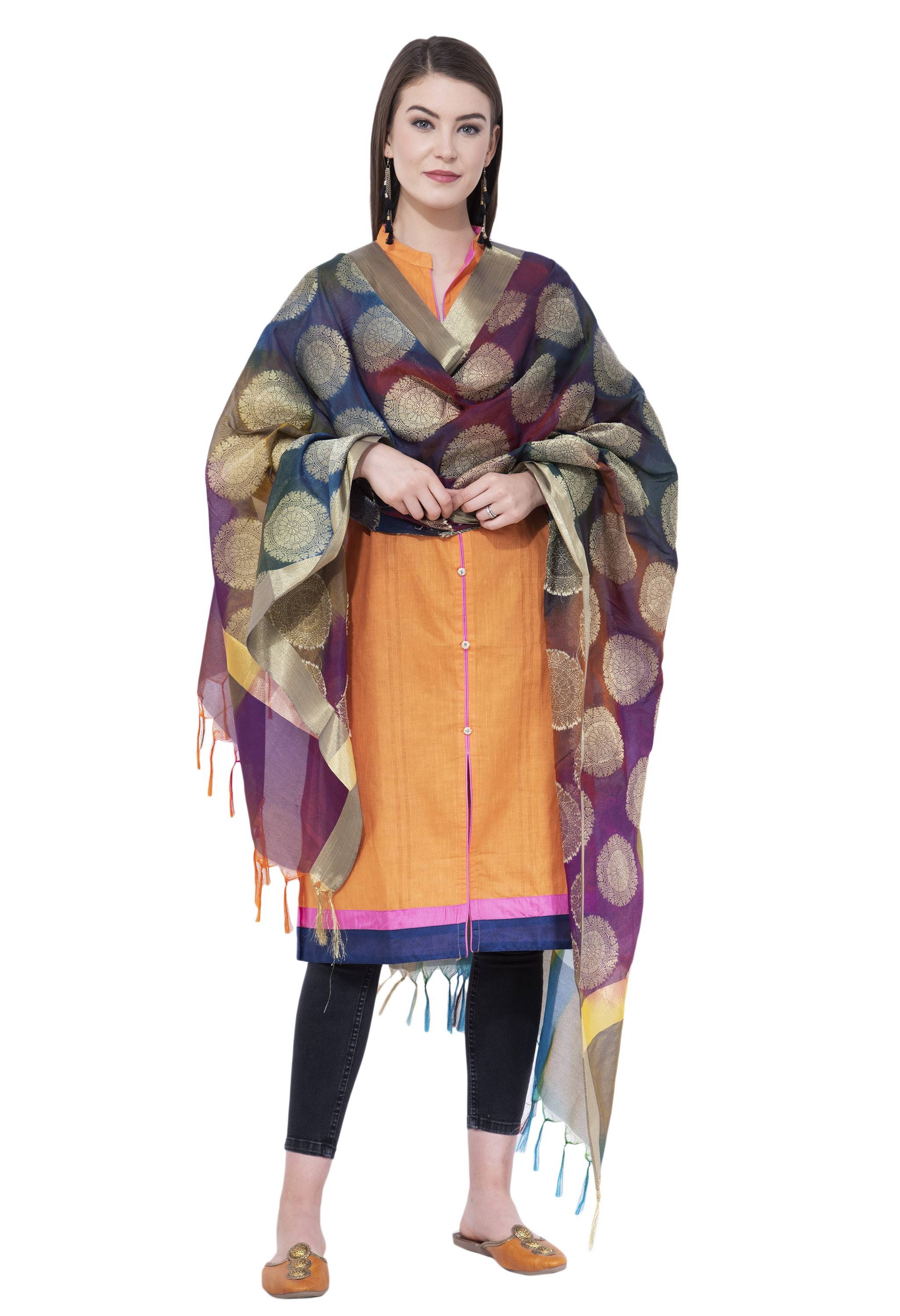 A R Silk Women's Zari Embroidery With Rainbow Colour Vanarsi Silk Rainbow Multi Dupattas and Chunnis