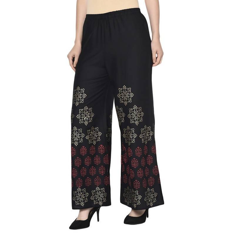 Women's Black Rayon Block Print Flared slip-on Palazzo