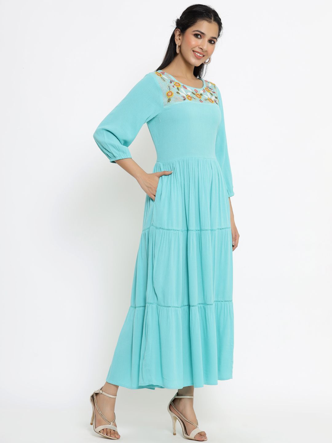 Women's Turq Rayon Crepe Embroidered Tiered Dress - Juniper