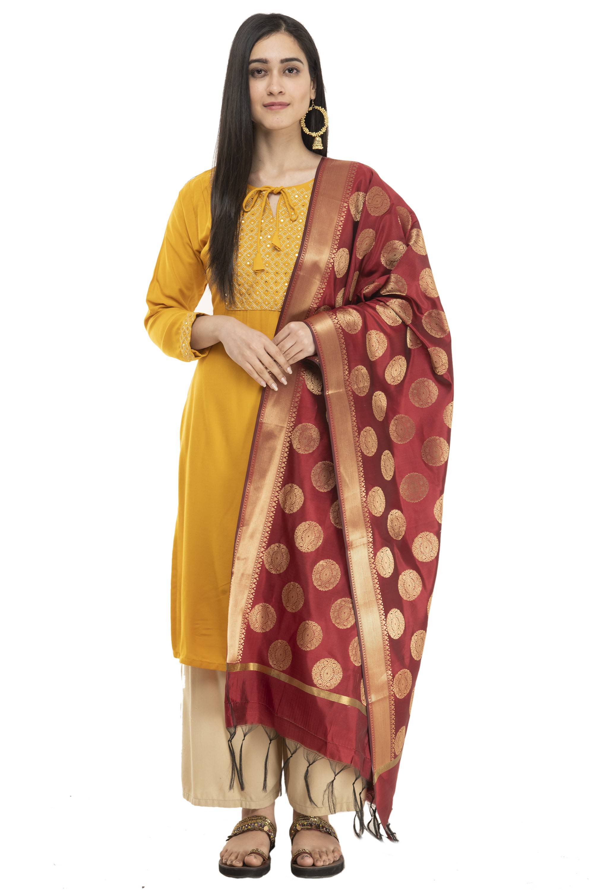 A R Silk Women's Tapeta Silk Zari Work Maroon Banarsi Silk Dupatta ARS0409