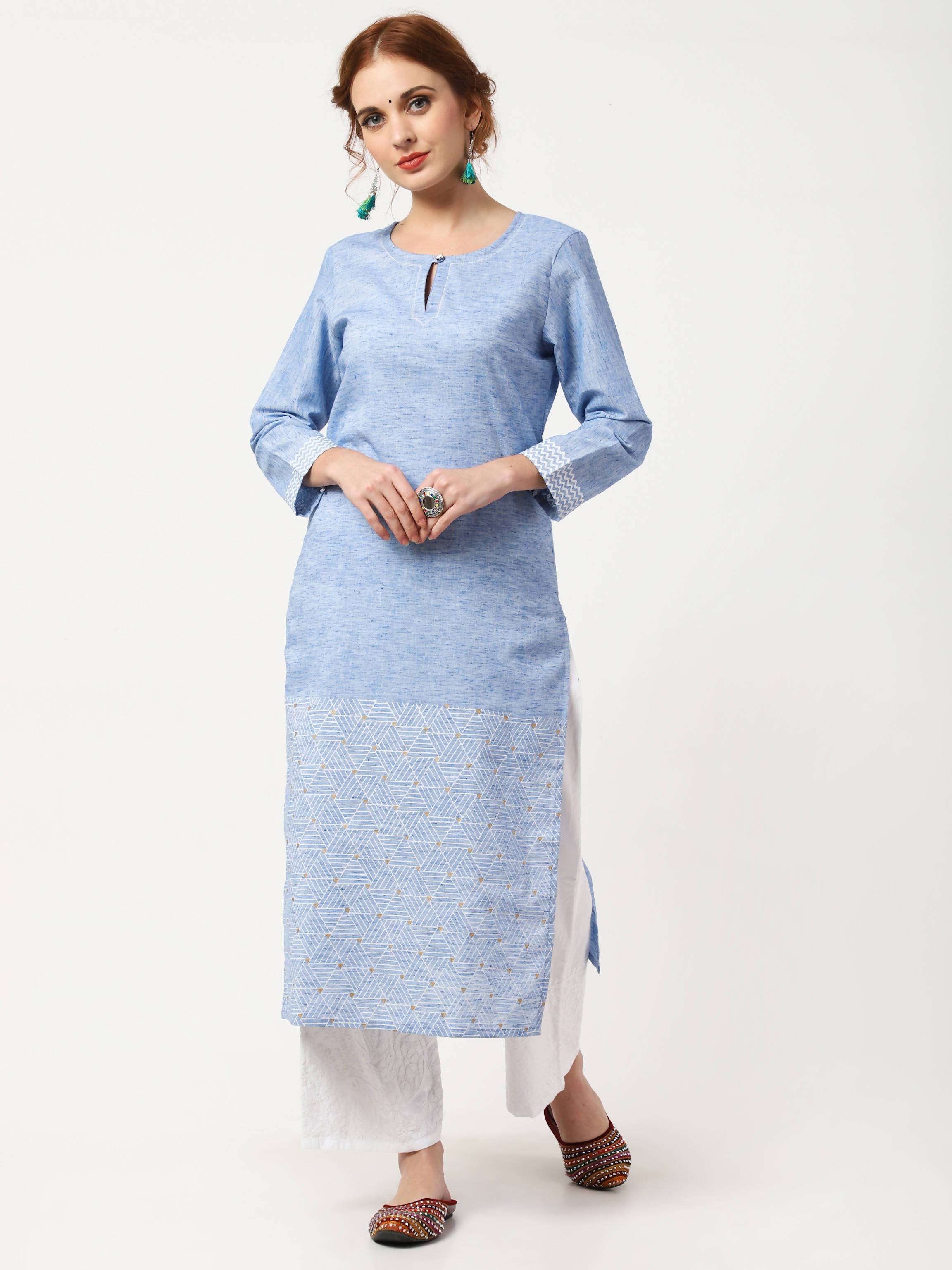Women's Sky Blue & White Khadi Cotton Kurta & Chikankari Palazzo Pant Set - Cheera