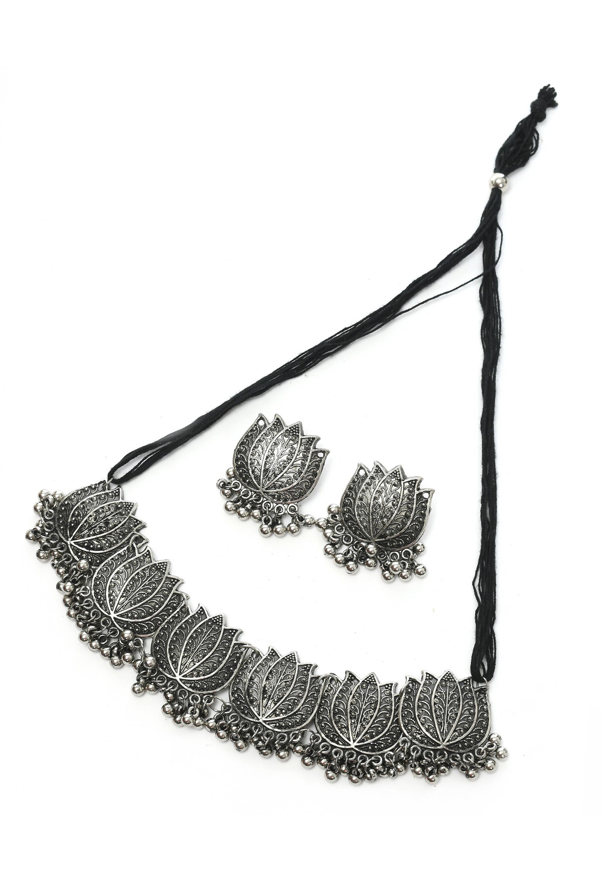 Trendia Silver-Plated Oxidised Lotus Design Necklace with Earrings Jkms_061