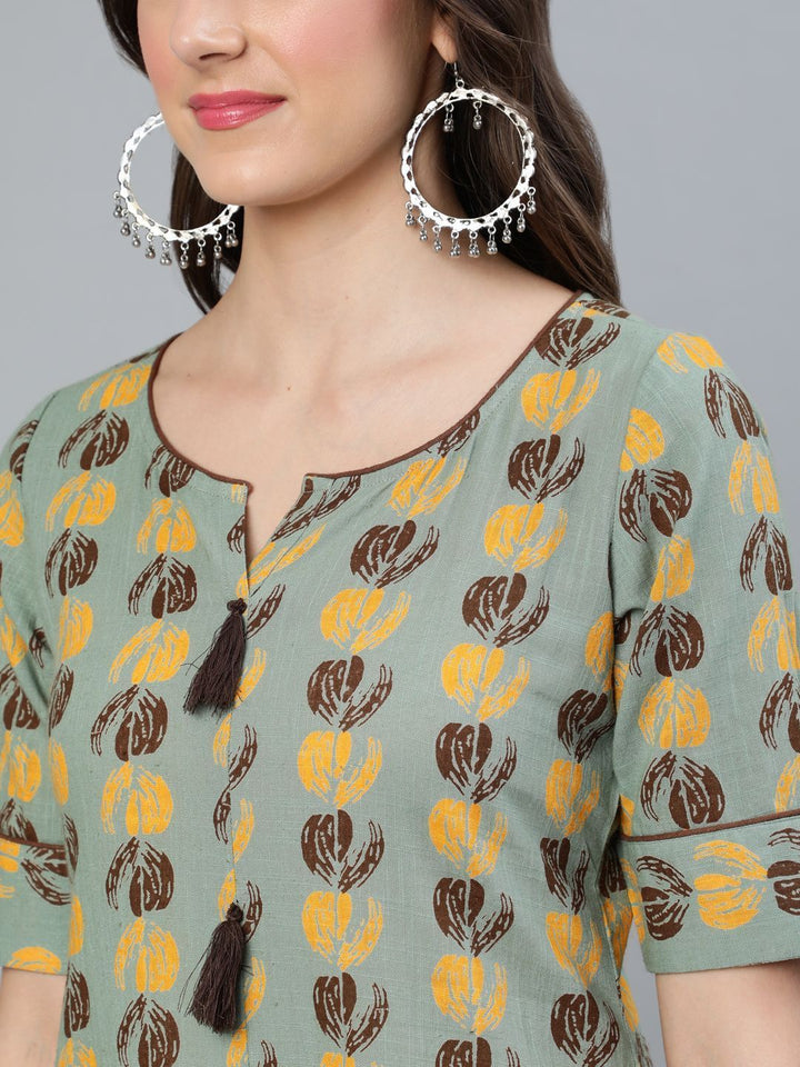Women's Green & Brown Printed Straight Kurta