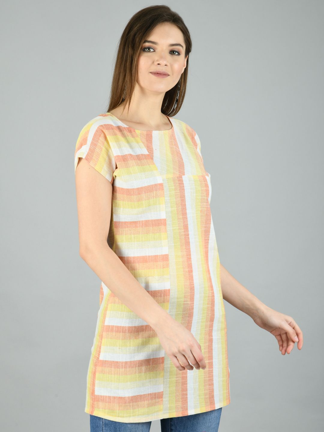 Women's Multi Cotton Printed Short Sleeve Round Neck Casual Top - Myshka