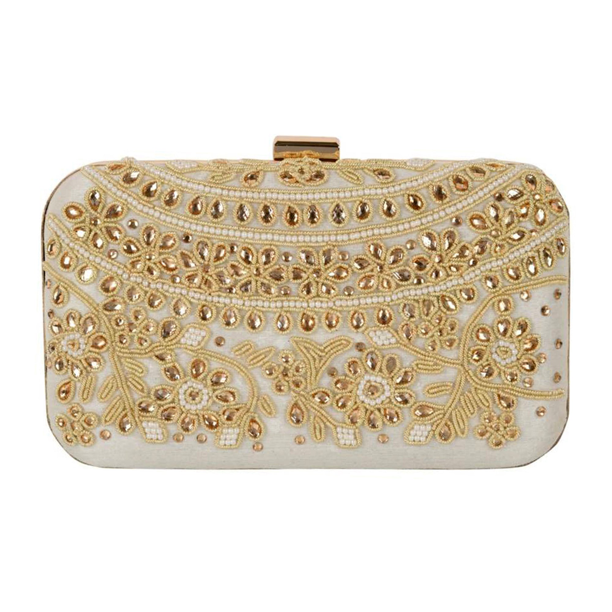 Women's White Color Adorn Embroidered & Embelished Party Clutch - VASTANS