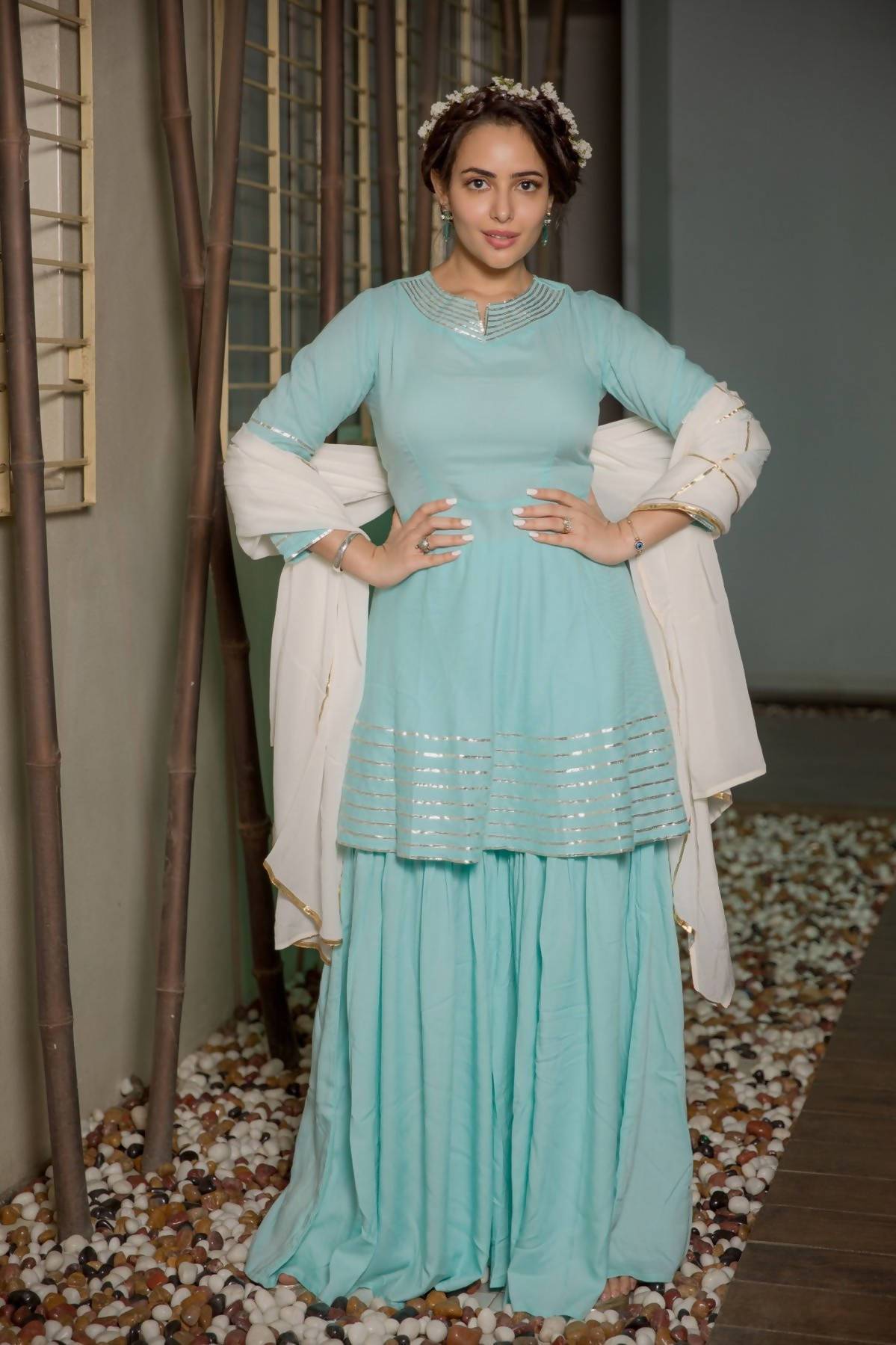Women's Turquoise & White Cotton & Shiffon Kurta Sharara Dupatta Set - Cheera