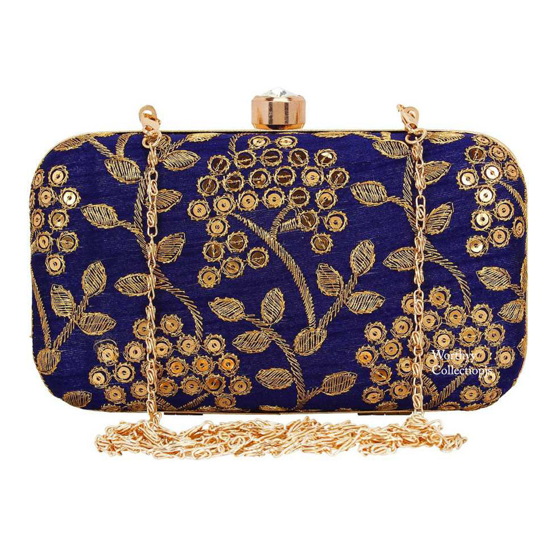 Women's Blue Color tulle Embroidered Faux Silk Clutch - VASTANS