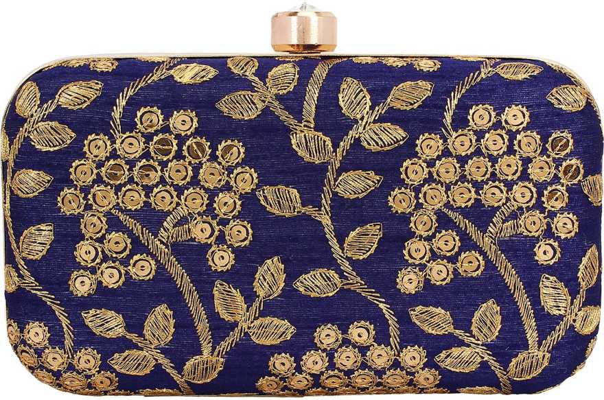 Women's Blue Color tulle Embroidered Faux Silk Clutch - VASTANS
