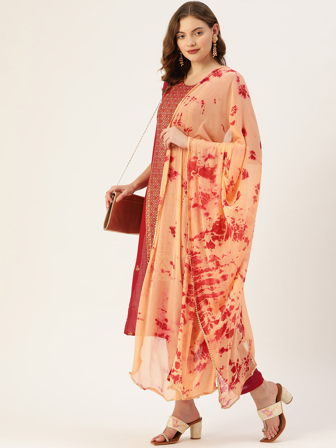 Women's Maroon Cotton Blend Panelled Printed Straight Kurta Trouser Set With Dupatta - Vaaba