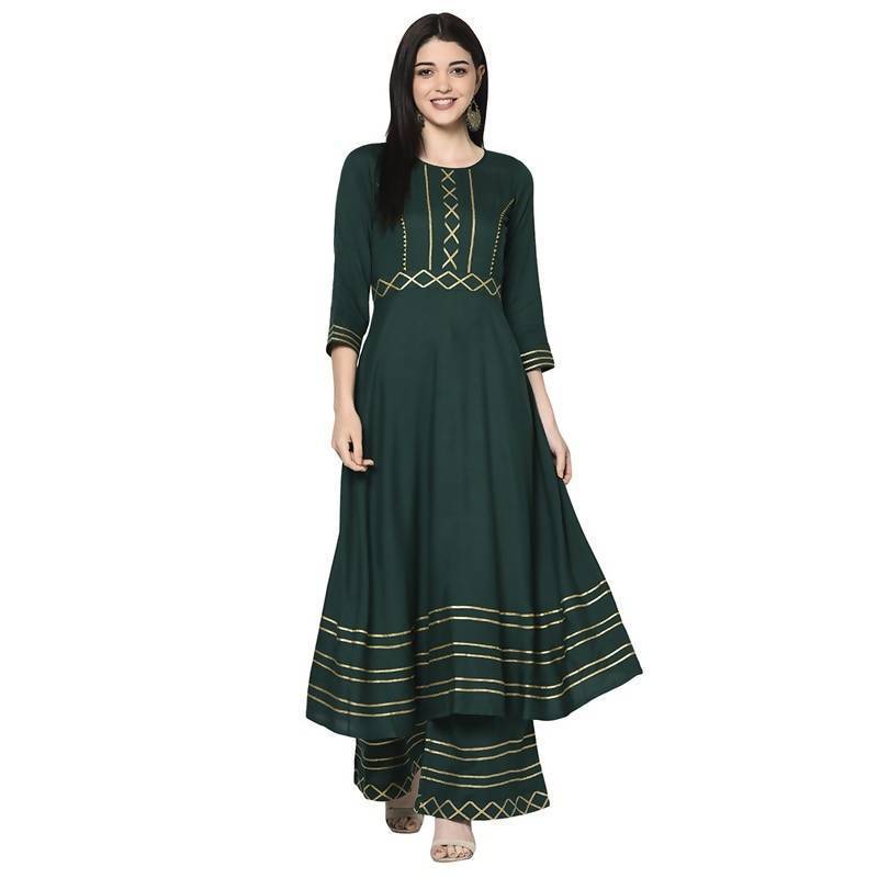 Women Bottle Green Rayon Anarkali Kurta with Palazzo by Aniyah (