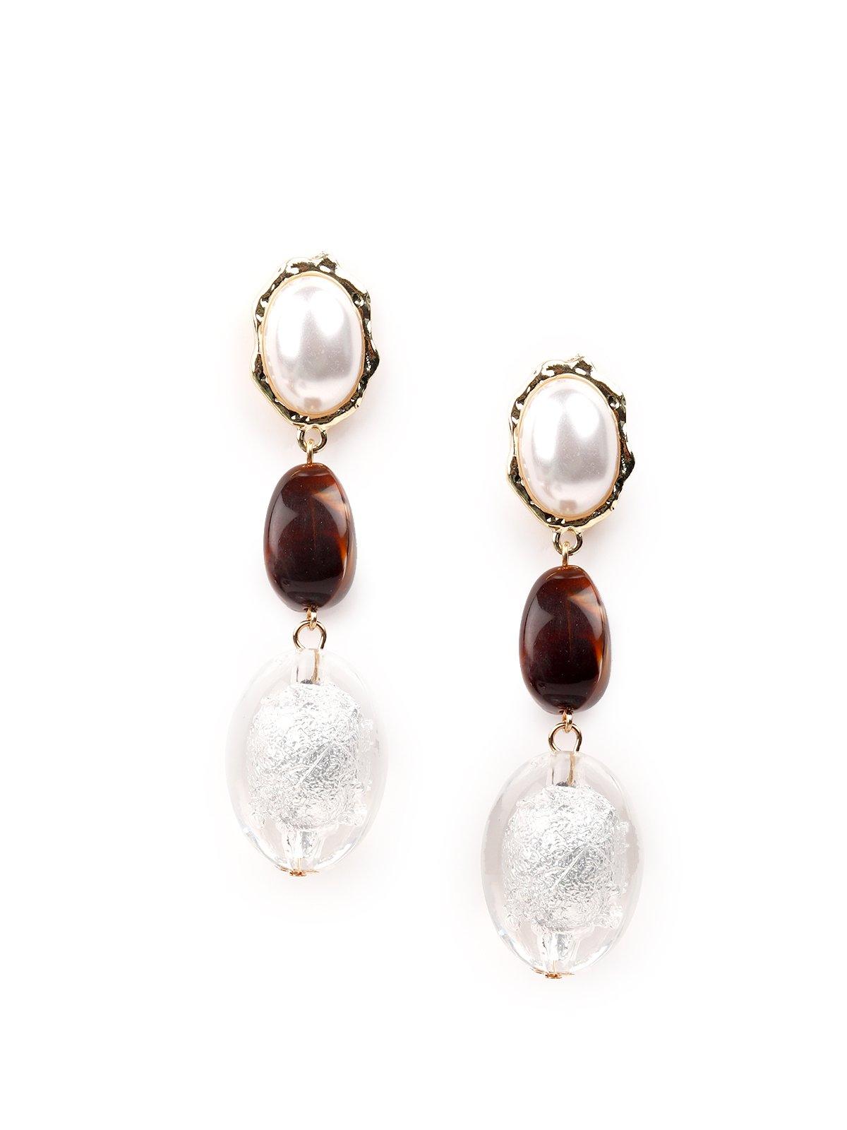 Women's White And Brown Silver Beaded Drop Earrings - Odette