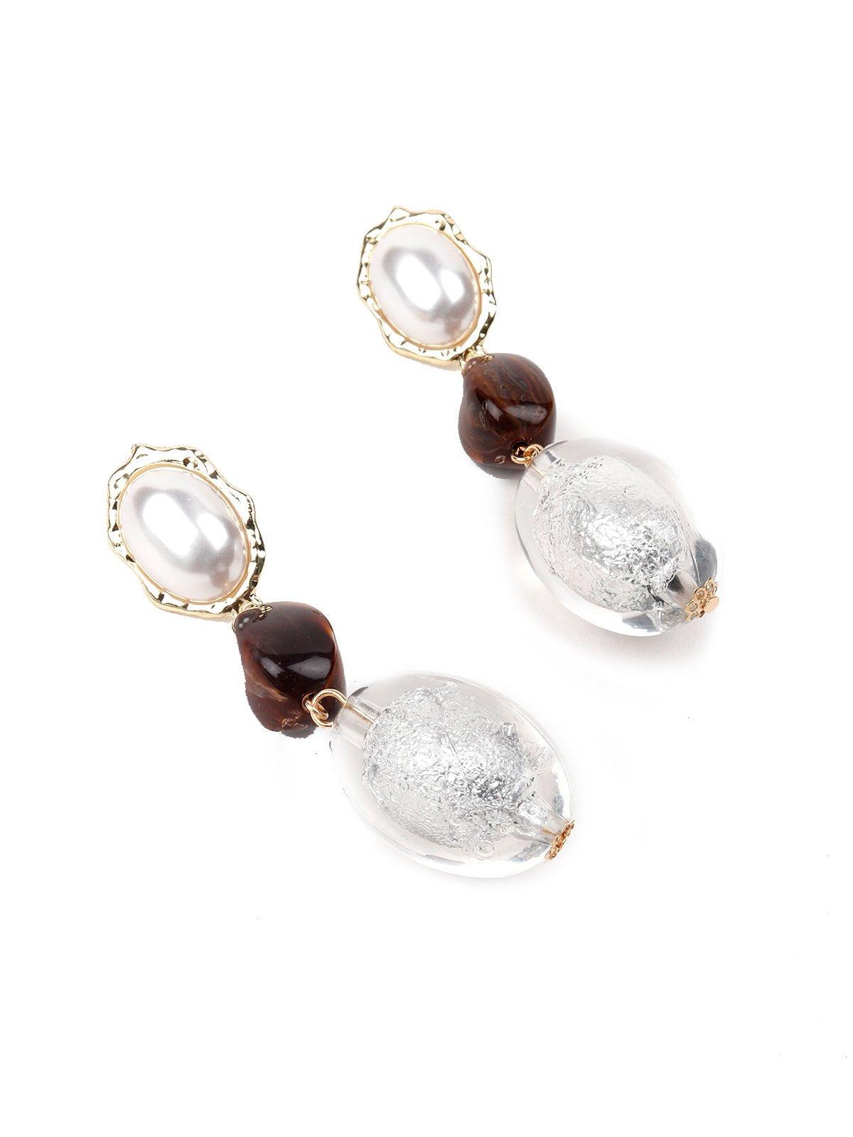 Women's White And Brown Silver Beaded Drop Earrings - Odette