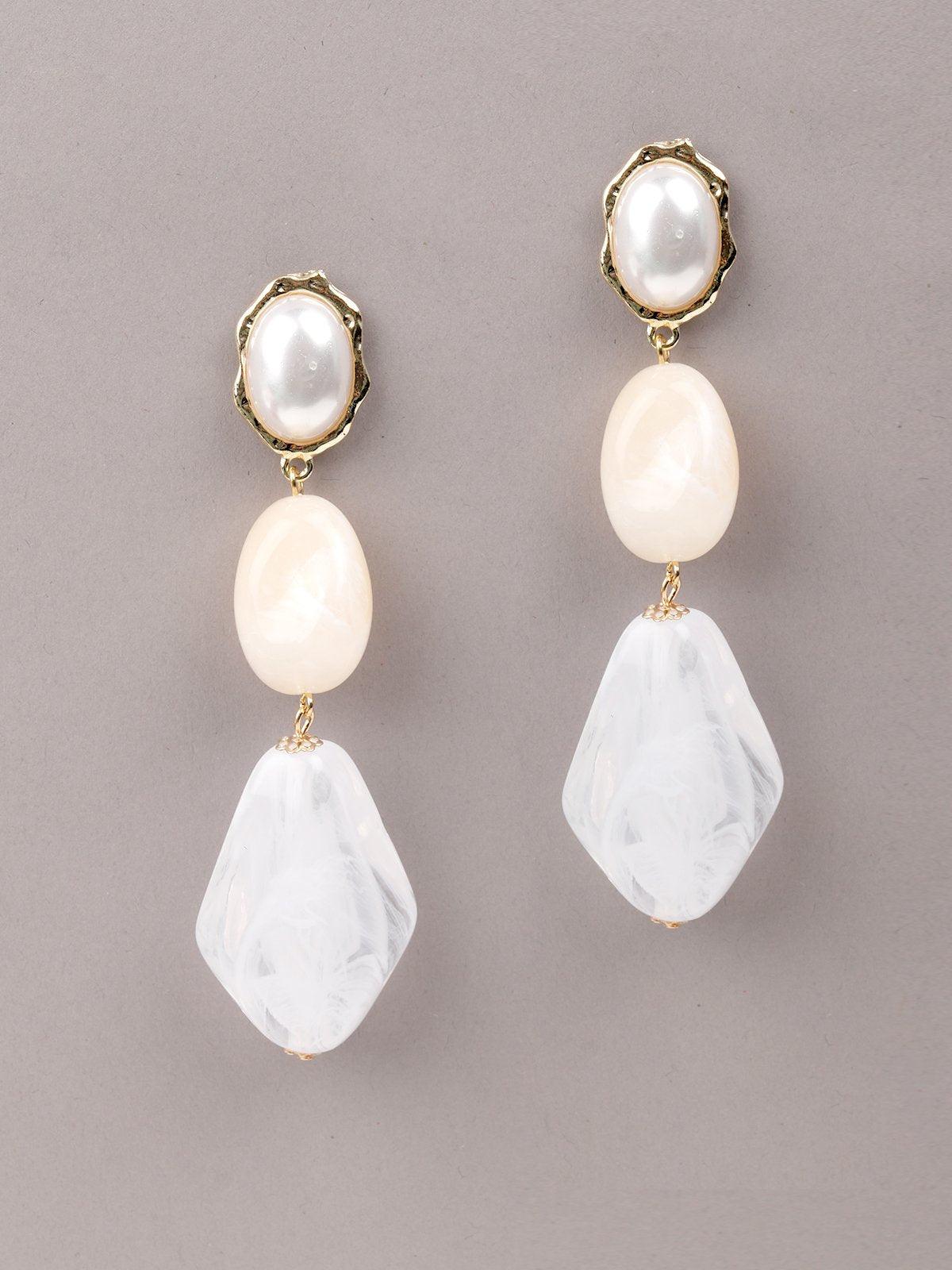 Women's White And Cream Coloured Three Interlinked Stoned Earrings - Odette