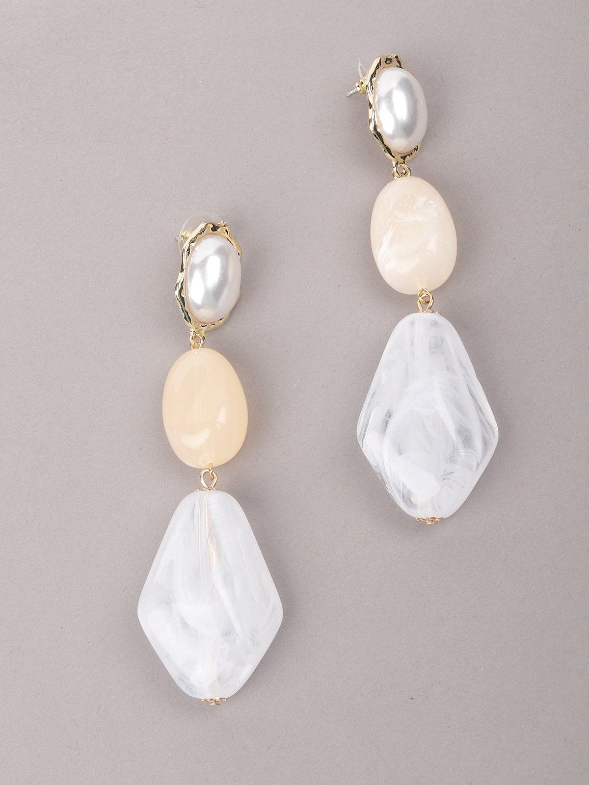 Women's White And Cream Coloured Three Interlinked Stoned Earrings - Odette