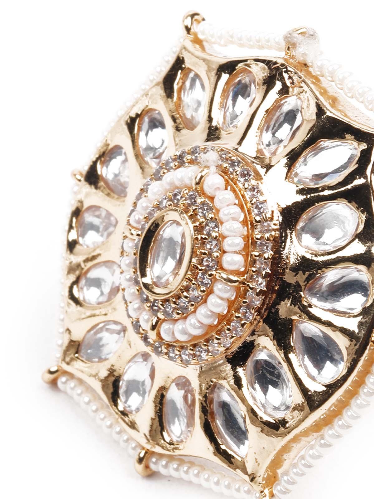 Women's White & Gold Pearl And Kundan Ring - Odette