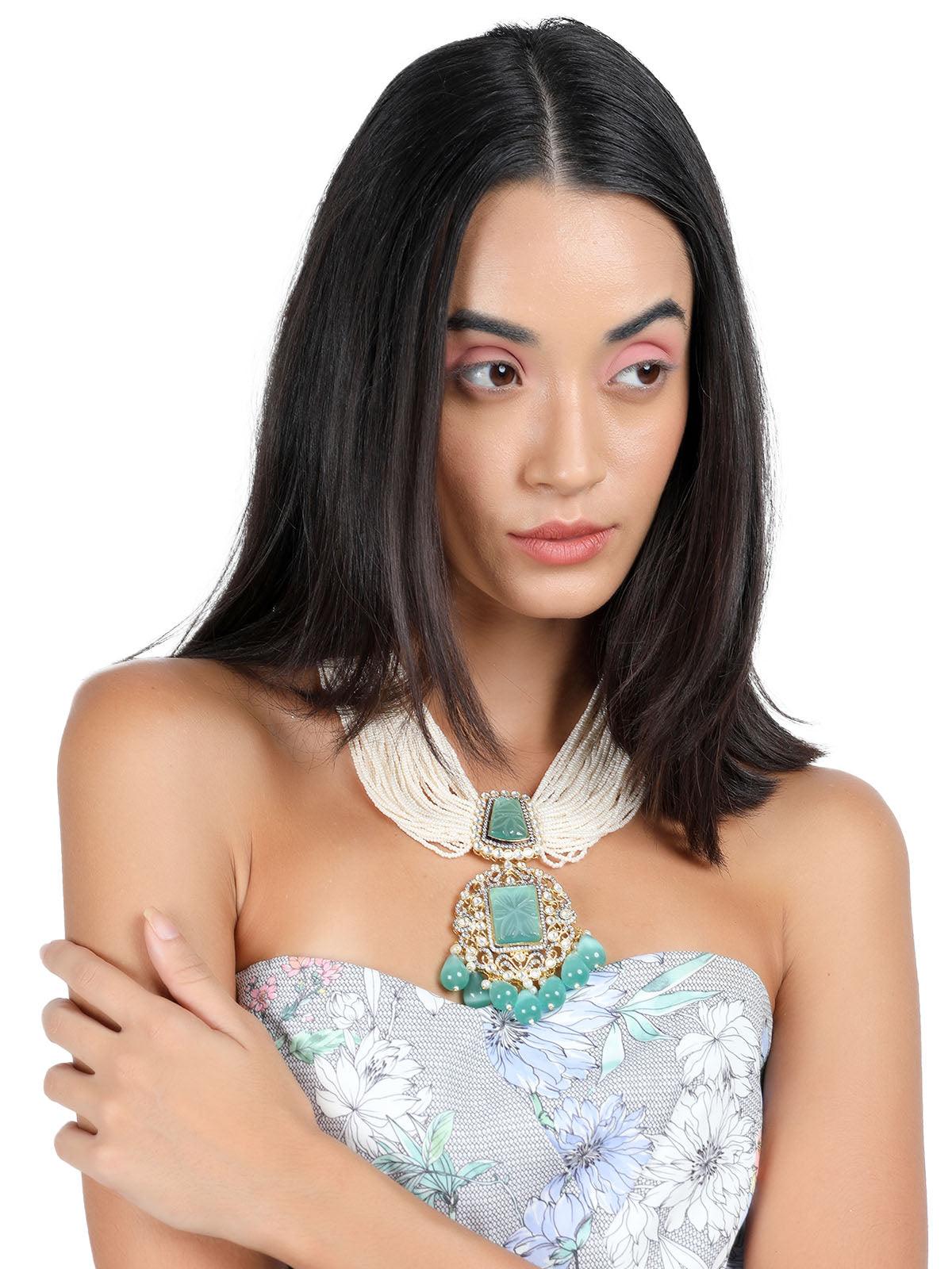 Women's White And Green Beaded Statement Pendant Necklace Set - Odette