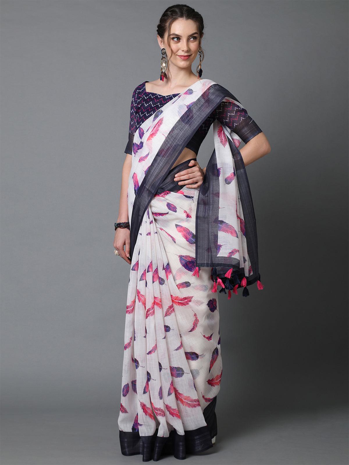 Women's White & Pink Casual Linen Printed Saree With Unstitched Blouse - Odette