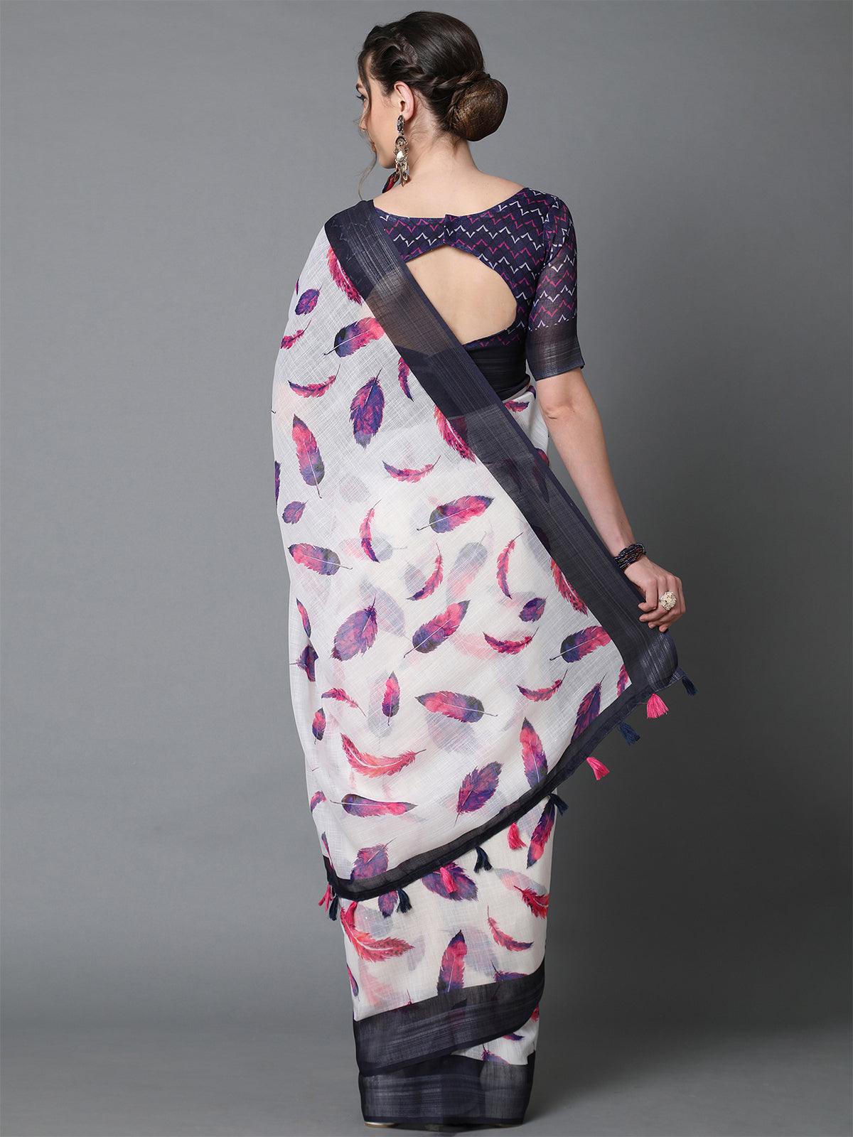 Women's White & Pink Casual Linen Printed Saree With Unstitched Blouse - Odette