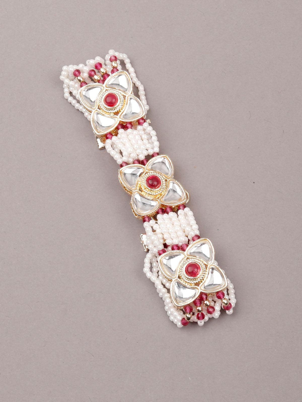Women's White And Red Beaded Floral Bracelet - ODETTE