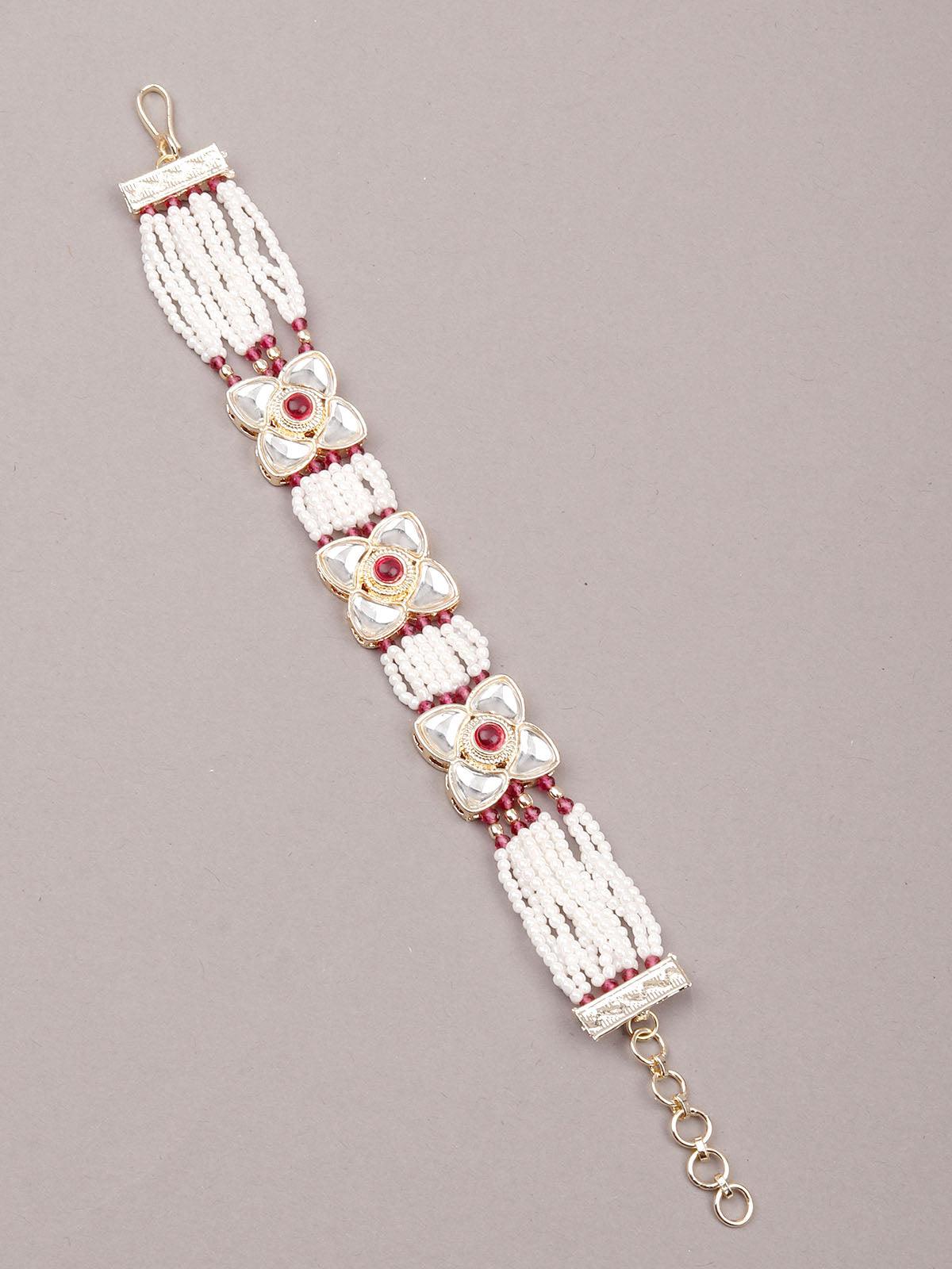Women's White And Red Beaded Floral Bracelet - ODETTE
