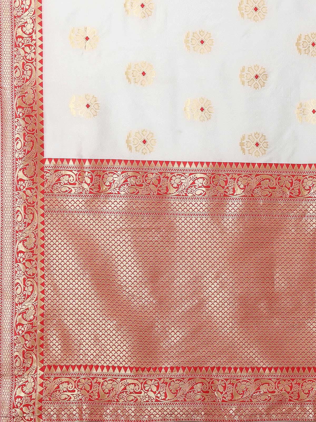 Women's White & Red Durga Pooja Silk Blend Woven Design Saree With Unstitched Blouse - Odette