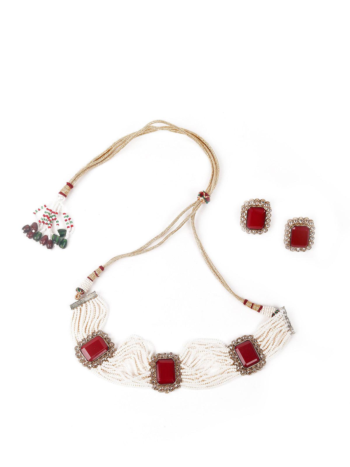 Women's White And Red Multi-Stand Beaded Necklace Choker Necklace Set - Odette