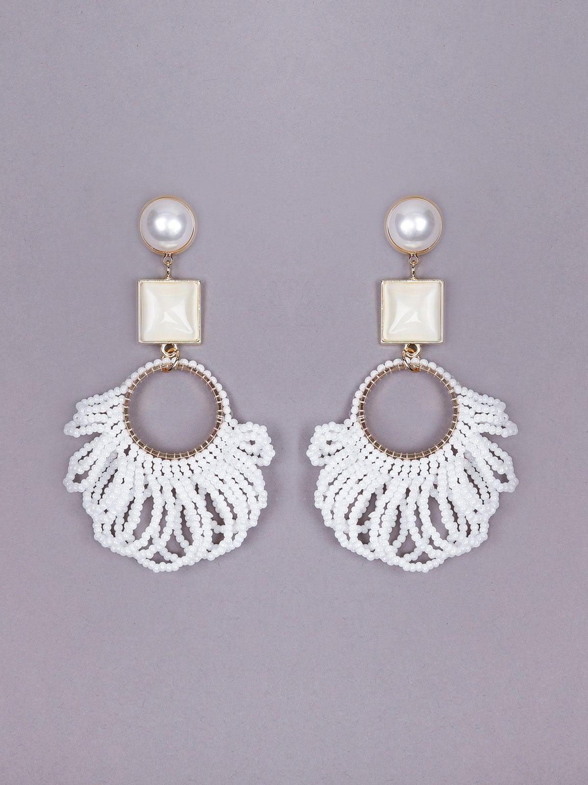 Women's White Beaded Rounded Drop Earrings - Odette
