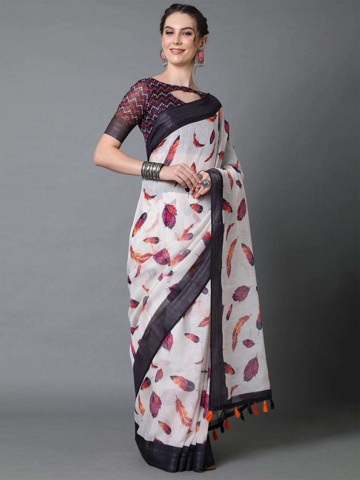 Women's White Casual Linen Printed Saree With Unstitched Blouse - Odette