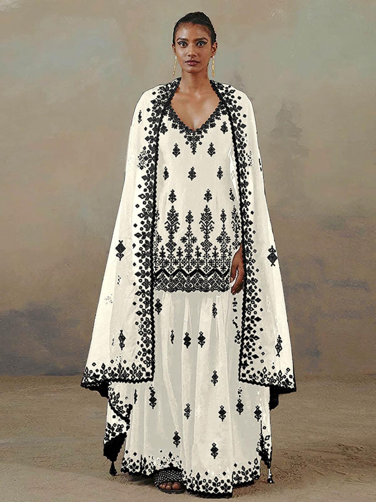 Women's White Embroidered Kurta- Sharara Set  - Odette