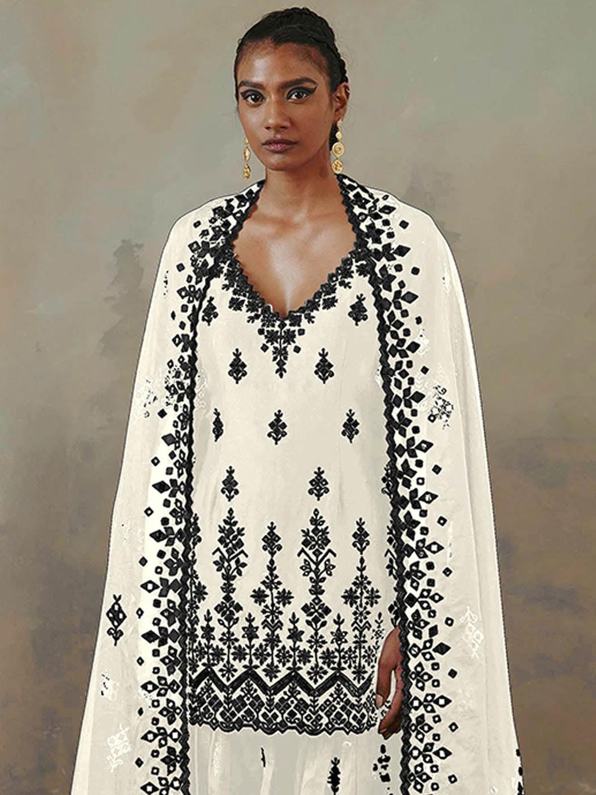 Women's White Embroidered Kurta- Sharara Set  - Odette