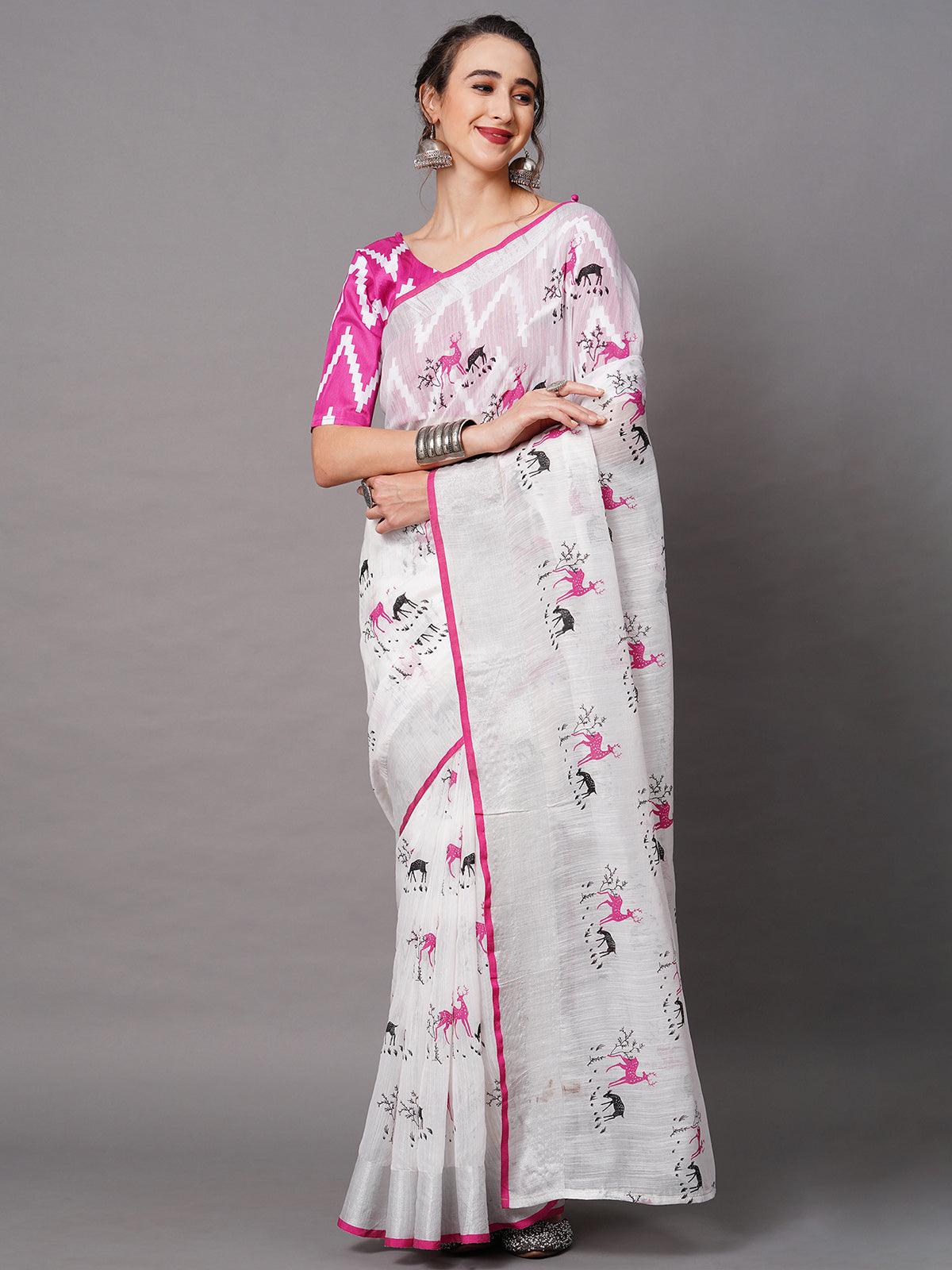 Women's White Festive Linen Blend Embelished Saree With Unstitched Blouse - Odette