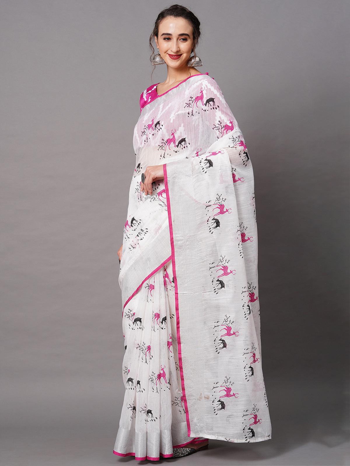 Women's White Festive Linen Blend Embelished Saree With Unstitched Blouse - Odette