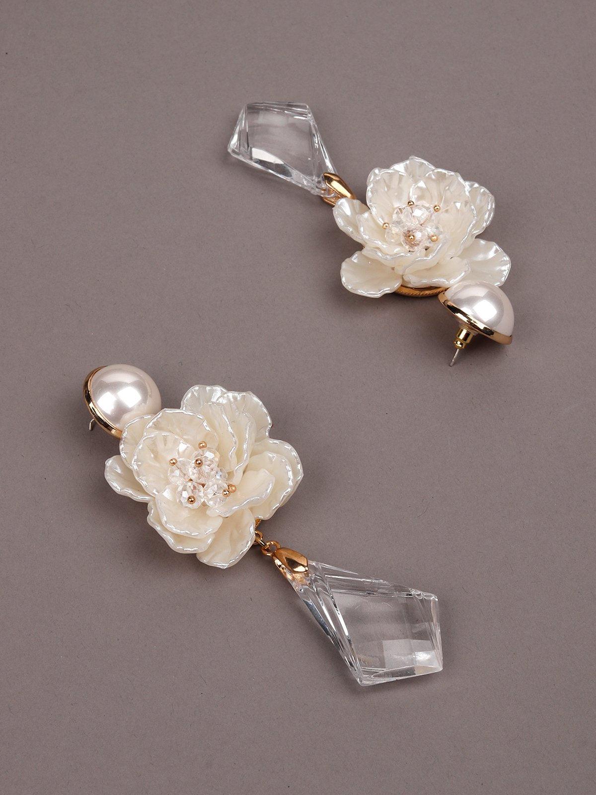 Women's White Floral And Geometric Shaped Clear Crystal Drop Earrings - Odette