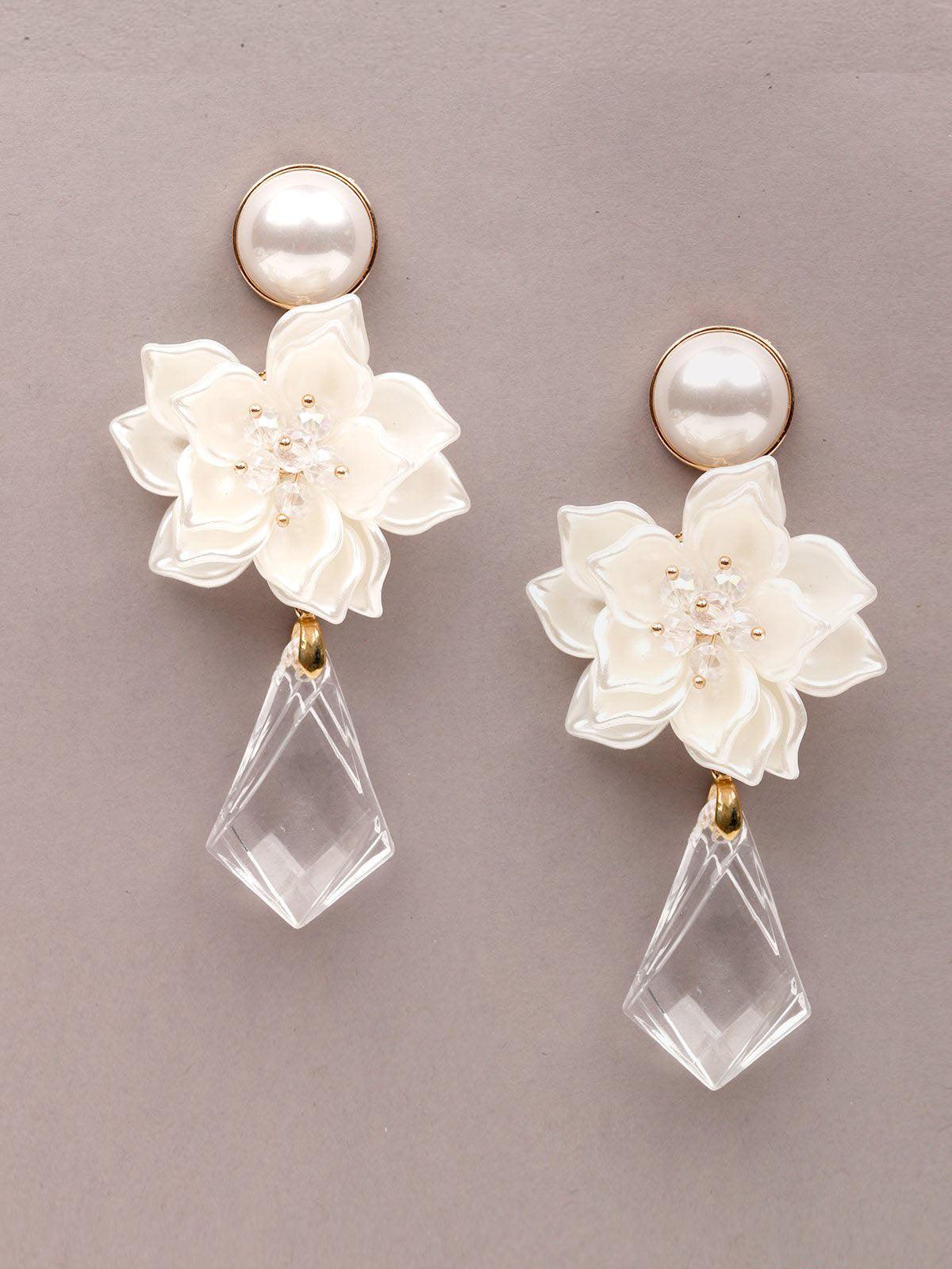 Women's White Floral Earrings With A Drop Of Clear Teardrop Bead. - Odette