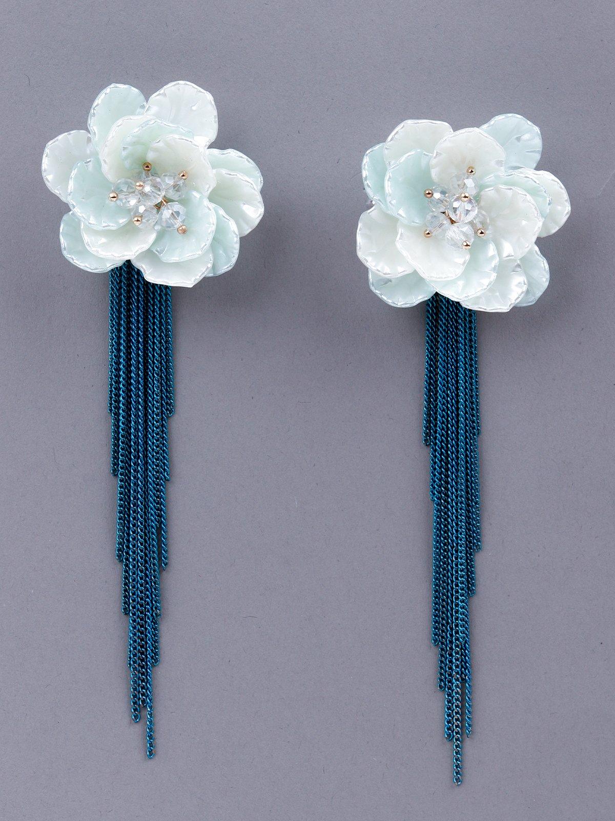 Women's White Floral With Electric Blue Tassel Dangle Earrings - Odette