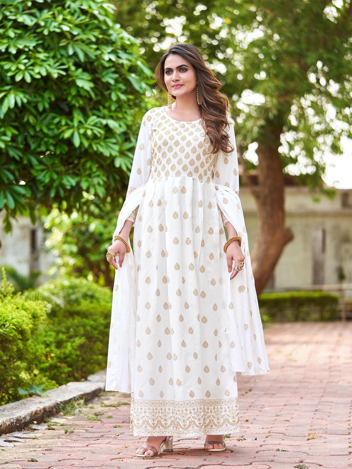 Women's White Gorgeous Long Gown With Dupatta - Odette