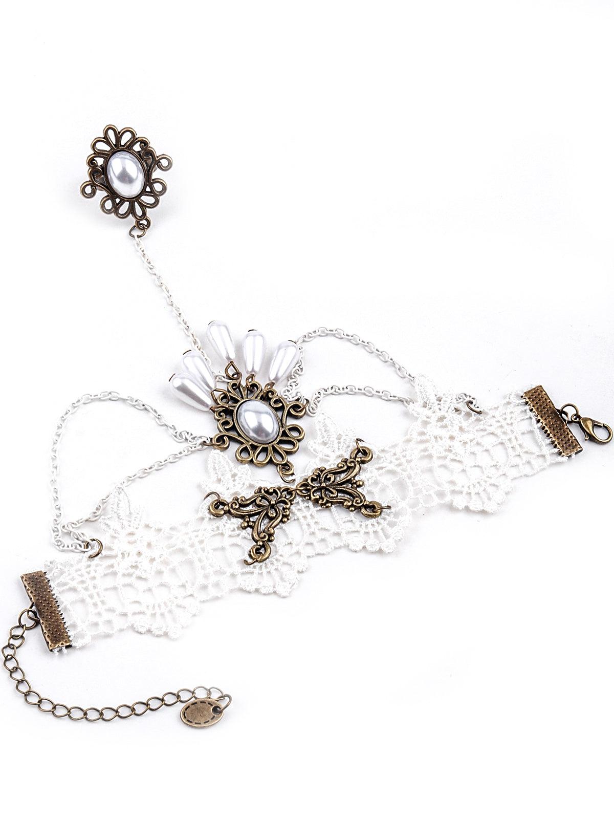 Women's White Lace Bracelet Secured With A Ring Chain - Odette