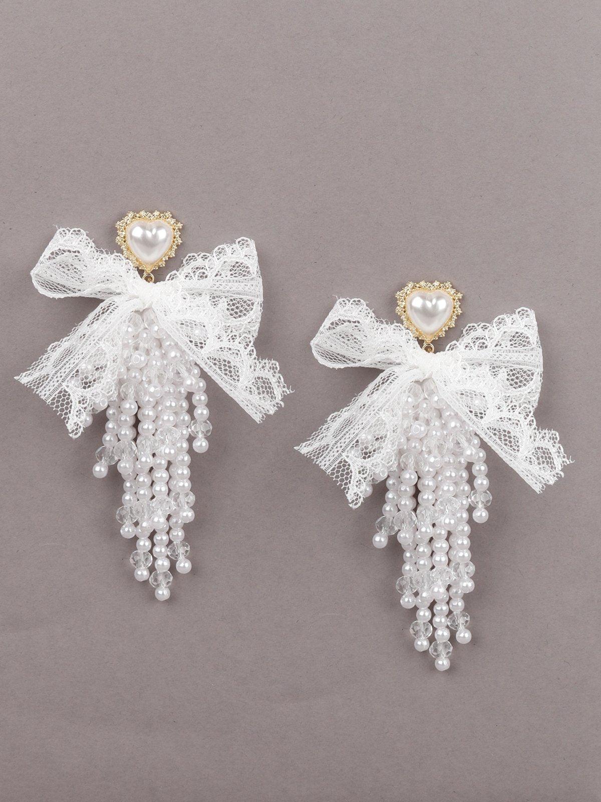 Women's White Lace Heart Beaded Tassel Earrings - Odette